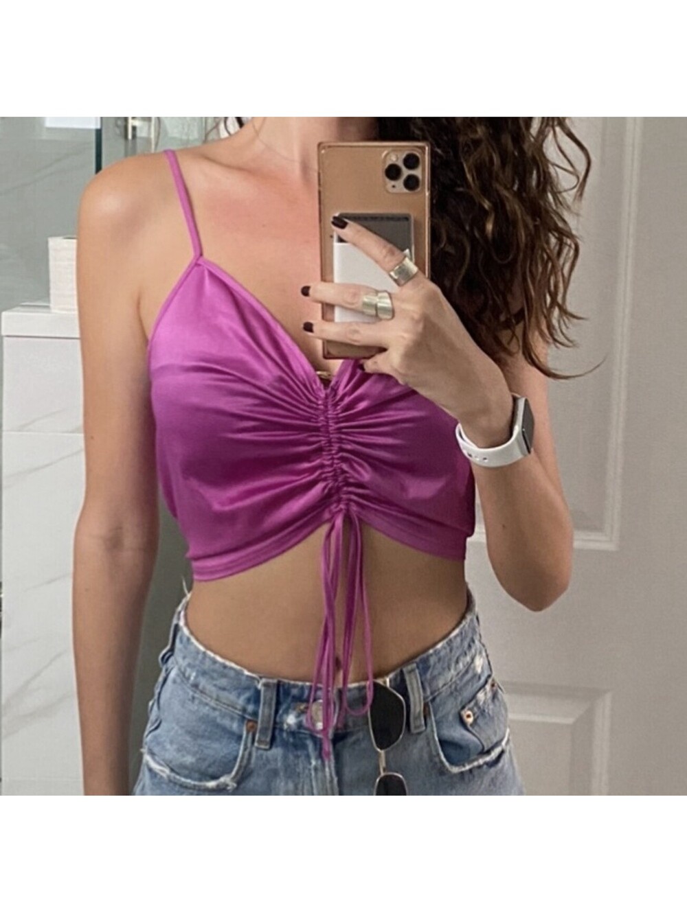 ZARA Women's Ruched Pink Satin Shiny Camisole Cropped Sleeveless Size Small